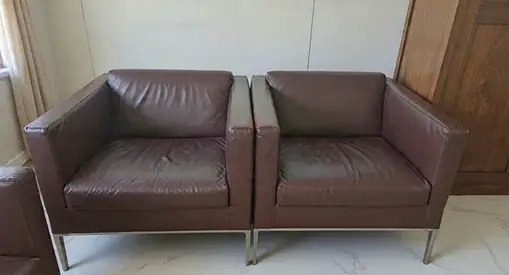 x5 set BB Italia Project Jean 3 seater sofa and x4 armchairs burgundy leather L217 D92 H86 cm
