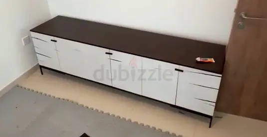Long low TV cabinet / media console - dark top, white doors