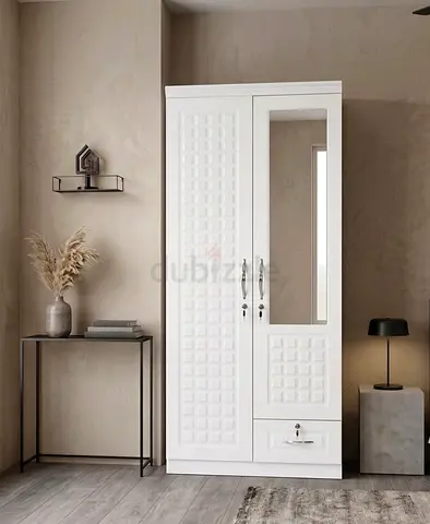 Modern White 2-Door Wardrobe with Mirror and Lock