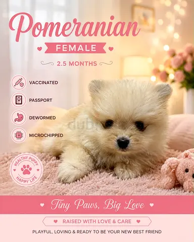 Female Pomeranian Puppy - 2.5 Months, Vaccinated & Microchipped