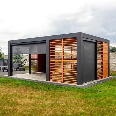 Modern Outdoor Pergola/Garden Pavilion with Wooden Slats and Roller Screens