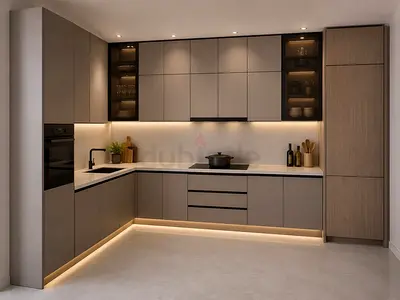 Modern L-shaped Built-in Kitchen Cabinets with Integrated Lighting