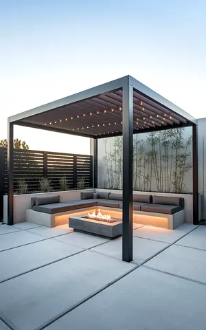 Modern Outdoor Pergola with Built-in Seating and Firepit
