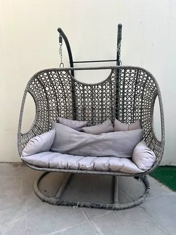 Double Rattan Hanging Swing Chair with Cushions - Solid Frame