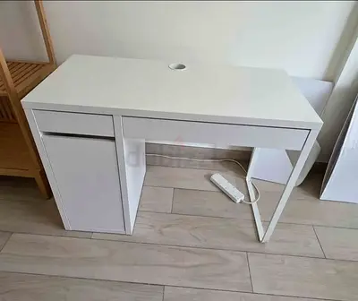 White compact study desk with drawer and storage cabinet