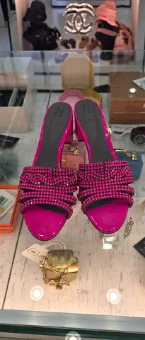 Pink Beaded Open-Toe Heels — Size Unknown, Excellent Condition