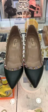 Genuine Valentino Rockstud Black Pointed Leather Flats, Size Unknown
