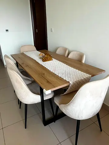 Modern 6-Seat Dining Table with Upholstered Chairs - Oak Finish
