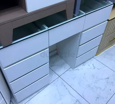 White gloss dressing table / vanity with six drawers and glass top