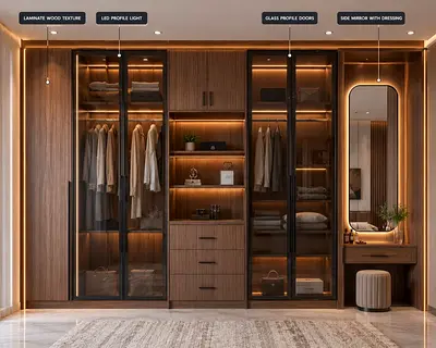 Built-in Walk-in Style Wardrobe with Glass Doors and Dressing Area