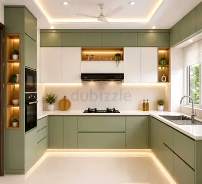 U-shaped Modern Kitchen Cabinets with Integrated Lighting - Mint Green & White