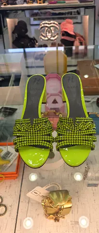 Neon Green Beaded Slip-On Heels, Size 37 - Lightly Worn