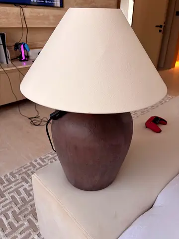Neutral ceramic table lamp with cream fabric shade - good condition