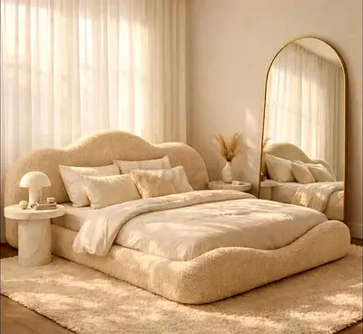 New Beige Plush Upholstered Bed Frame with Curved Headboard (King Size)