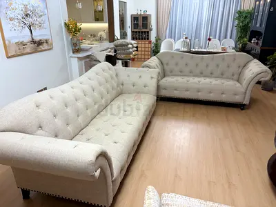 Beige Button-Tufted 4+3+2 Seater Sofa Set – Classic Chesterfield Style . Well maintained.