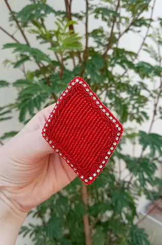Handmade Red Beaded Embroidered Square Brooch/Accessory