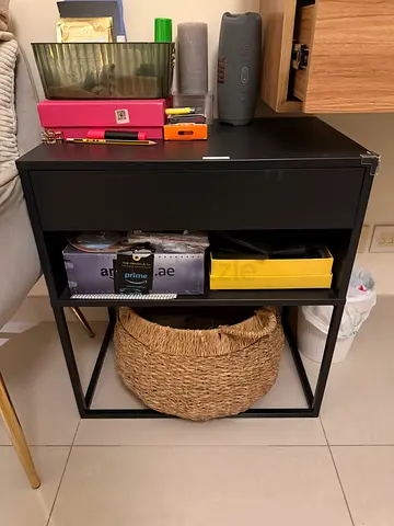 Black metal side table with drawer and lower shelf - good condition