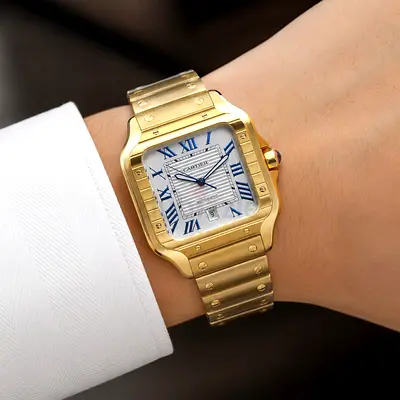 Gold Cartier-style Men's Wristwatch with Roman Dial