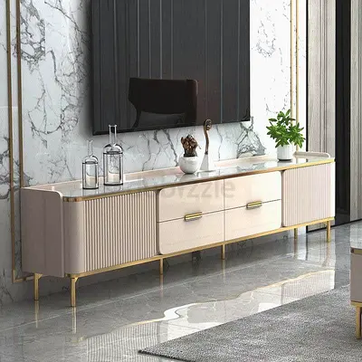 Modern Beige TV Console Cabinet with Gold Accents