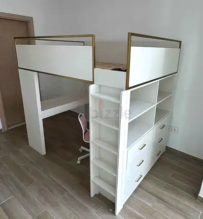 White Loft Bed with Storage Drawers and Built-in Desk