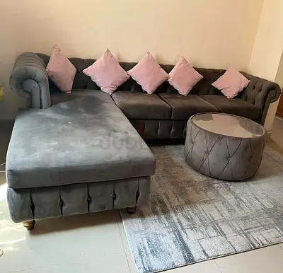 Grey Velvet L-Shaped Sofa with Ottoman and Coffee Table