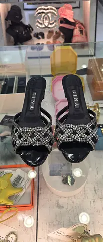 Gina Crystal Embellished Black Slide Sandals - Size Unknown, Gently Used