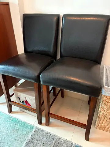 Set of 2 Dark Brown Wood counter Chairs with Black Seats