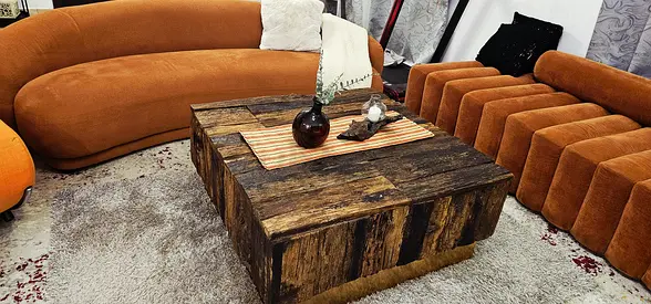Rustic wooden block coffee table