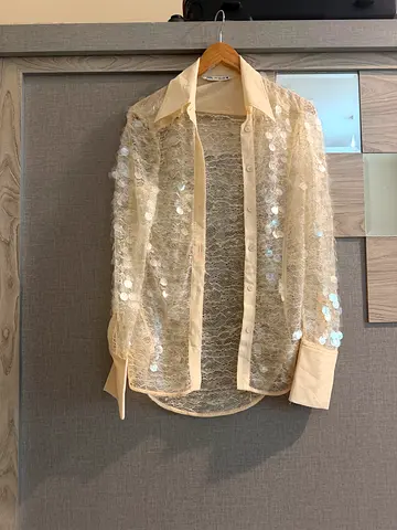 Sheer beige sequin button-up blouse, size M