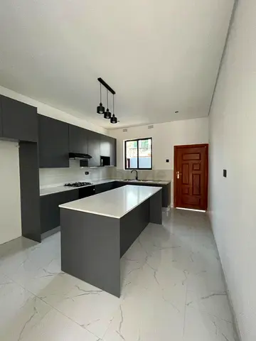 Modern grey kitchen with island and built-in cabinets