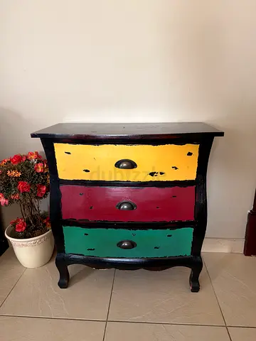 Hand-painted 3-drawer Wooden Nightstand with Distressed Color Panels 67 cm length 33 cm wide 70 cm h