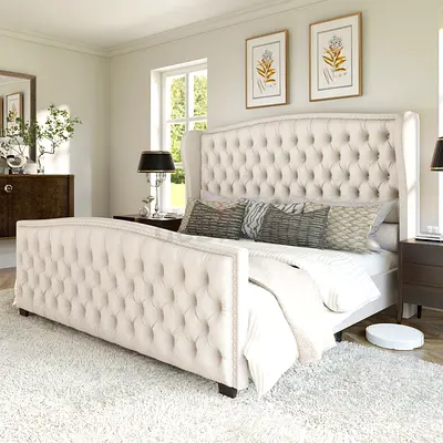 Elegant Tufted Wingback Bed Frame in Cream Fabric