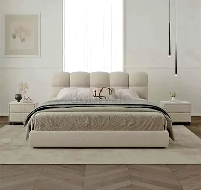 New Modern Upholstered King Bed with Padded Headboard - Light Beige