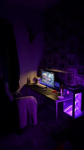 Gaming PC monitor setup with RGB lighting and accessories