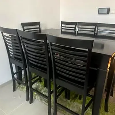 Solid Wood Malaysian Dining table Home Center Dark Wood Bar Table .8 High Chairs, convertable 6/8