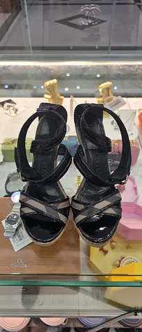 Black strappy wedge sandals, gently used, size not labeled