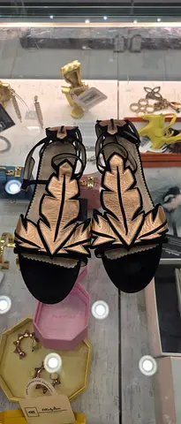 Black suede heels with gold leaf embellishment - size available