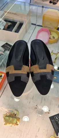 Black Suede Slip-on Mules with Beige Trim - Size Unknown
