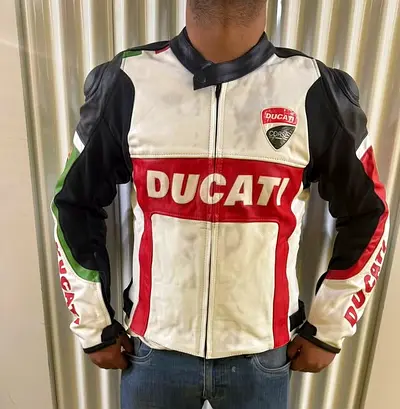 Genuine Ducati Leather Motorcycle Jacket - White/Red/Black