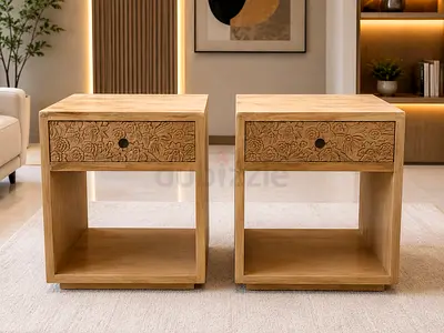Pair of Carved Solid Wood Bedside Tables / Nightstands in Light Oak