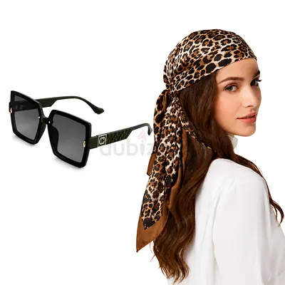 Square Oversized Dark Lens Sunglasses with Olive Frame and Leopard Scarf