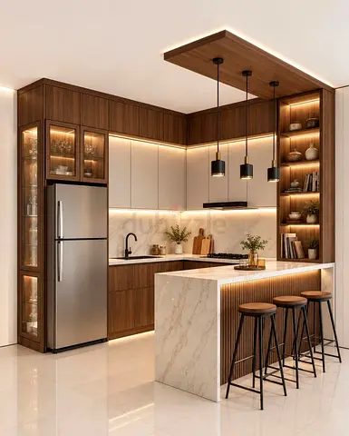 Modern L-shaped Kitchen cabinets with Island and Wooden Finish