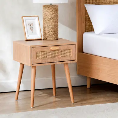 Wooden Nightstand with Woven Drawer Panel - Light Oak Finish