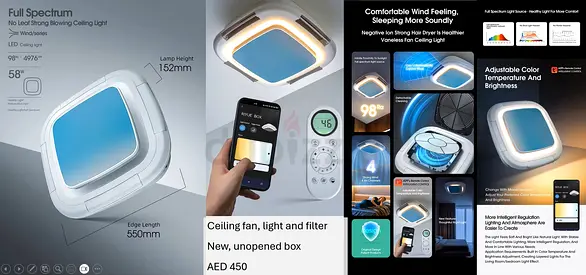 Ceiling fan with adjustable LED light and air filter, remote or APP control — brand new, unopened