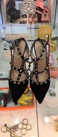 Black Studded Pointed-Toe Strappy Flats (Women’s)
