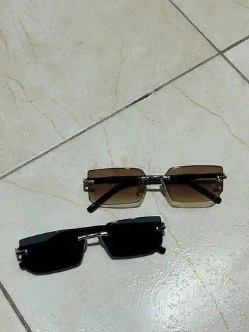 Set of 2 Vintage Rimless Rectangle Sunglasses (Black & Brown Tint)