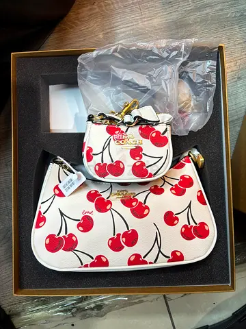 Coach Cherry Print Wristlet and Mini Pouch Set - White/Red