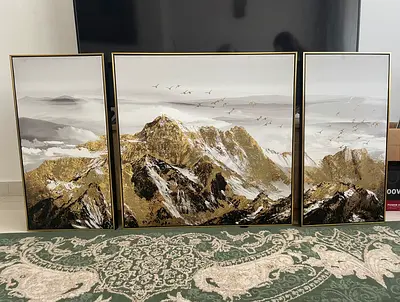 Set of 3 Framed Mountain Landscape Prints - Modern Gold Accent