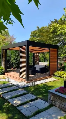 Modern wooden garden pergola gazebo - freestanding outdoor lounge structure