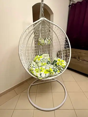White Hanging Egg Chair with Floral Cushion brand new